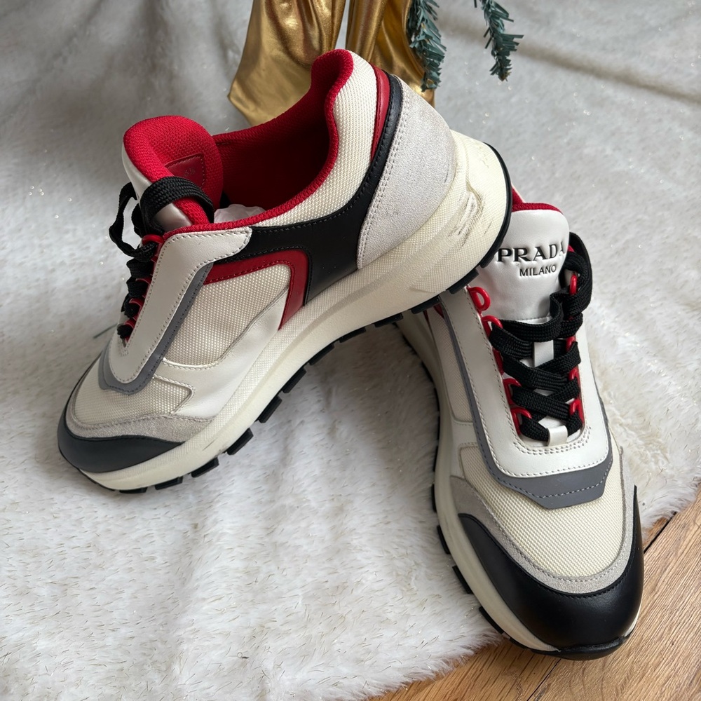 Prada Milano gym shoes, 6.5, navy blue, red, white
